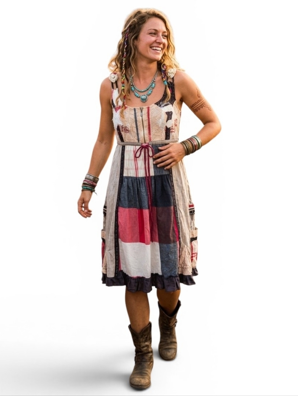 RARE Desigual Patchwork Cotton Sun Dress Lace Plaid Boho Festival Size 40 US M